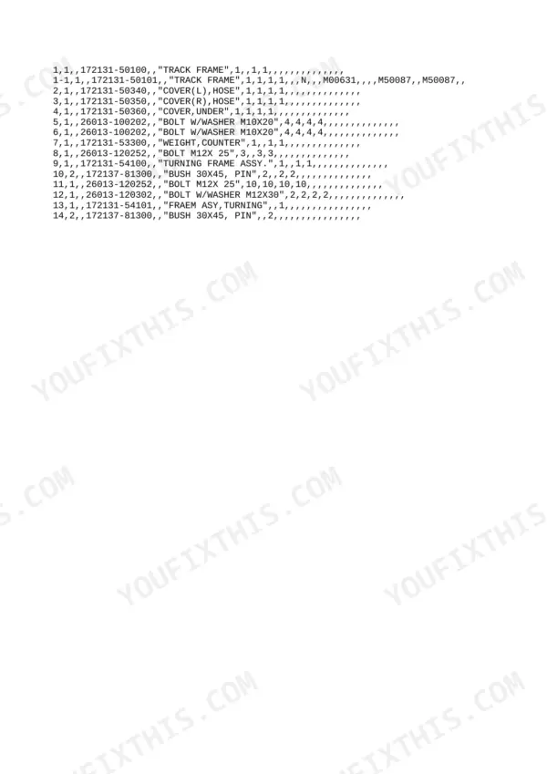 Yanmar YB101, B10, YB101-2, YB101UZ(-2), B10-R, EXCAVATOR (YB) parts list for track frame, turning frame, and counterweight.