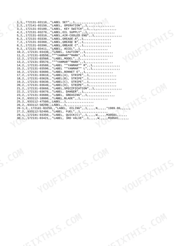 Yanmar YB101, B10, YB101-2, YB101UZ(-2), B10-R, EXCAVATOR (YB) parts list table for machine decals and warning labels.