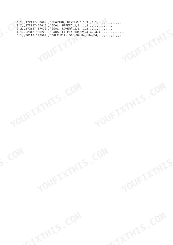 Yanmar YB121U / YB151U parts list table showing bearing, seal, pin, and bolt components.