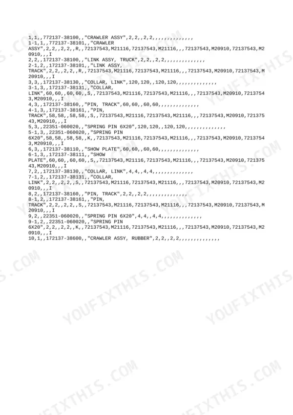 Yanmar YB121U / YB151U parts list for crawler assembly, track links, pins, and rubber crawler components with part numbers.