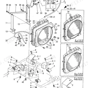 Yanmar YB121U / YB151U crawler backhoe: exploded view diagram of engine mount and radiator assembly with part numbers.