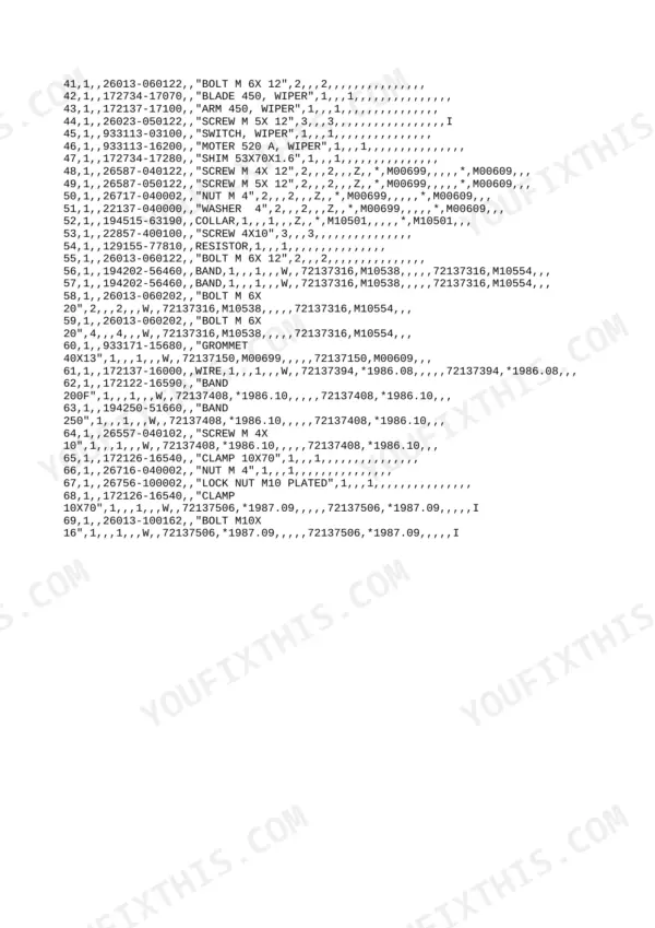 Yanmar YB121U / YB151U parts list for wiper motor, arm, blade, and electrical hardware components.