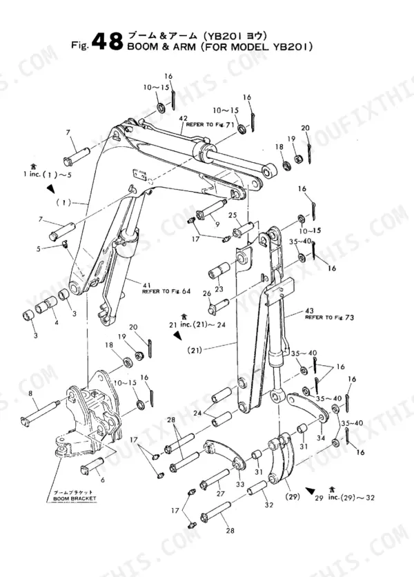Yanmar YB201, YB201U, YB201Z, YB201UZ, YB201(U), YB201 (Z), YB201U (Z), 3T75H-LTBS exploded view of boom and arm assembly.
