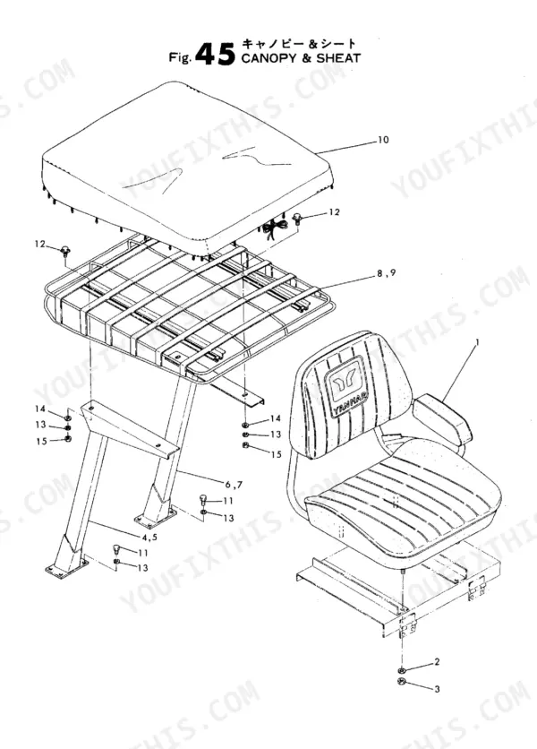 Yanmar YB201, YB201U, YB201Z, YB201UZ, YB201(U), YB201 (Z), YB201U (Z), 3T75H-LTBS exploded view of canopy and seat assembly.