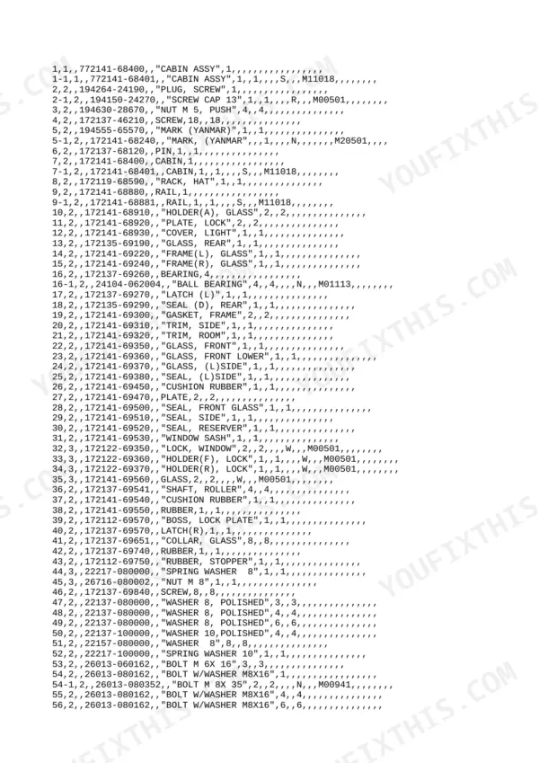 Yanmar YB221U, YB221UZ, B22, B22-1, B22-P(R), YB221-UZP(R), B22-C(R), YB221-UC(R) parts list for cabin assembly components.