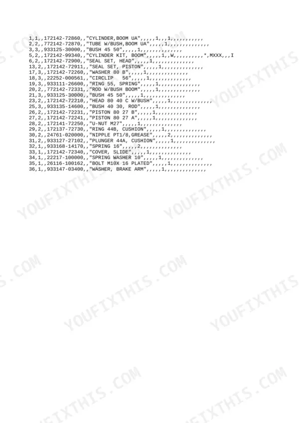Yanmar YB271, B27-1, B27, 3TN 84L-RBS, 3TN 84L-RBF, YB271 U, YB271 UR, YB271 UZ, YB271 UZR, B27 C, B27 CR, B27 P, B27 PR, B27 SP, B27 SPR parts list for boom cylinder components.