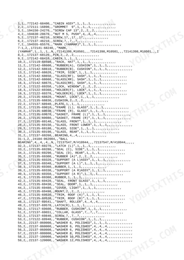 Yanmar YB271, B27-1, B27, 3TN 84L-RBS, 3TN 84L-RBF, YB271 U, YB271 UR, YB271 UZ, YB271 UZR, B27 C, B27 CR, B27 P, B27 PR, B27 SP, B27 SPR parts list for cabin assembly components.