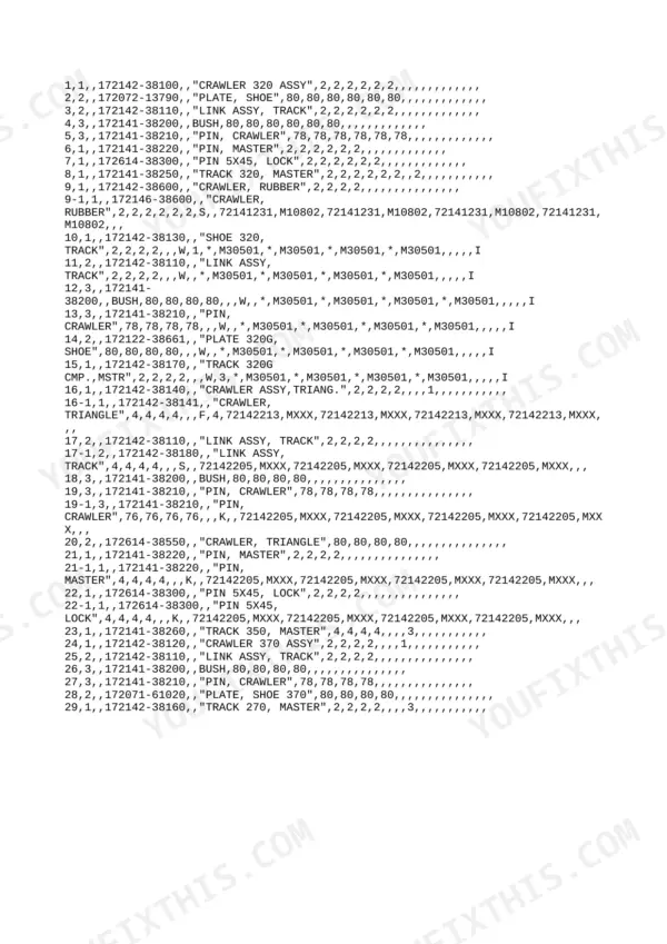 Yanmar YB271, B27-1, B27, 3TN 84L-RBS, 3TN 84L-RBF, YB271 U, YB271 UR, YB271 UZ, YB271 UZR, B27 C, B27 CR, B27 P, B27 PR, B27 SP, B27 SPR parts list for crawler track assembly, shoes, pins, and bushings.