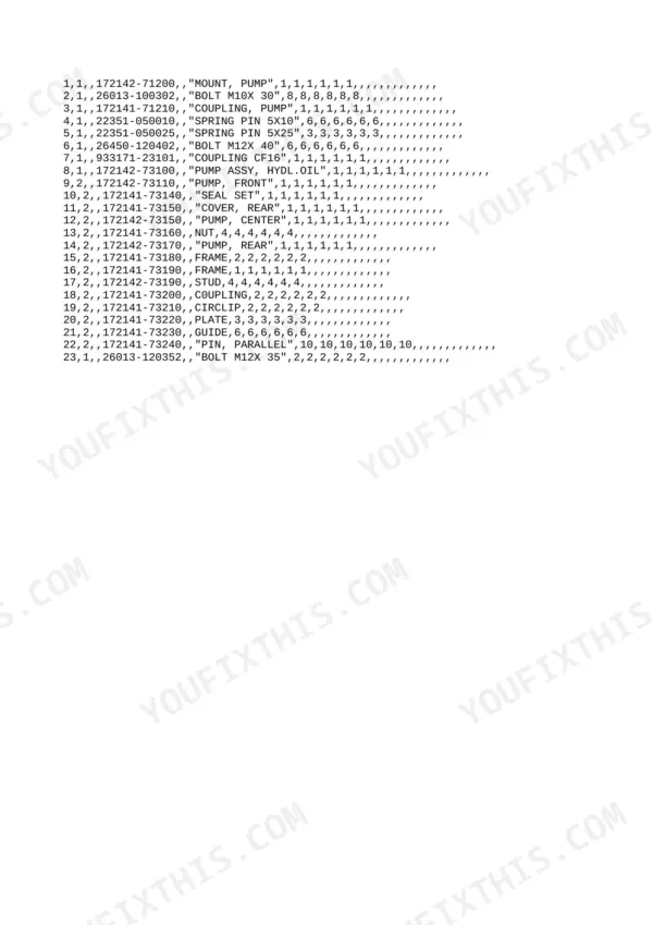 Yanmar YB271, B27-1, B27, 3TN 84L-RBS, 3TN 84L-RBF, YB271 U, YB271 UR, YB271 UZ, YB271 UZR, B27 C, B27 CR, B27 P, B27 PR, B27 SP, B27 SPR parts list for hydraulic pump assembly components.