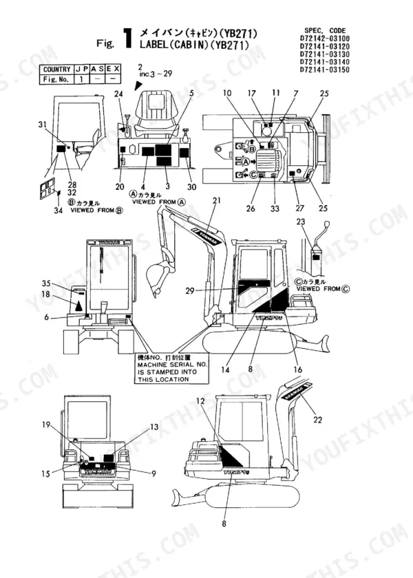 Yanmar B27 cabin label diagram.
