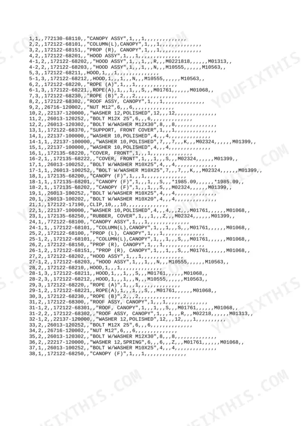 Yanmar YB301, YB351, YB301-1, YB301-2, YB351-1, YB351-2, YB301-UZ, YB351-UZ, YB301-1,-2, YB351-1,-2 parts list for canopy assembly.