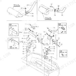Yanmar YB301, YB351, YB301-1, YB301-2, YB351-1, YB351-2, YB301-UZ, YB351-UZ, YB301-1,-2, YB351-1,-2 engine mount and muffler support.