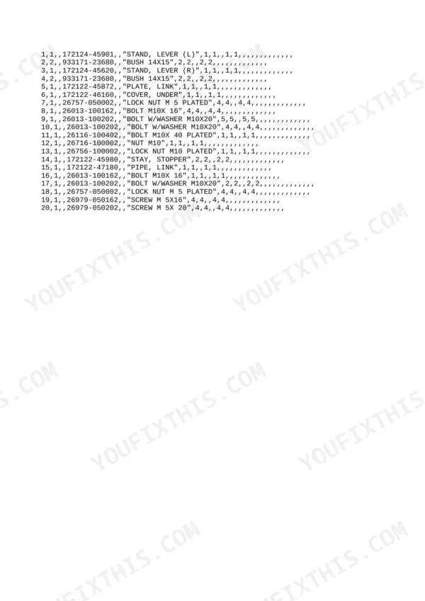 Yanmar YB301, YB351 parts list showing lever stands, bushings, link plates, bolts, nuts, and screws with part numbers.