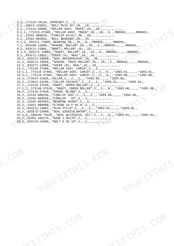 Yanmar YB401(-2), YB401-2, YB401, YB401(-2)-UC, YB401(-2)-UZP parts list for truck and caria rollers, shafts, and seals.