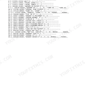 Yanmar YB401(-2) parts list for throttle lever assembly, cables, and hardware including bolts, nuts, and washers.