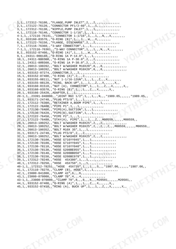 Yanmar YB401(-2), YB401-2, YB401, YB401(-2)-UC, YB401(-2)-UZP parts list for hydraulic pump inlet, discharge, and hoses.