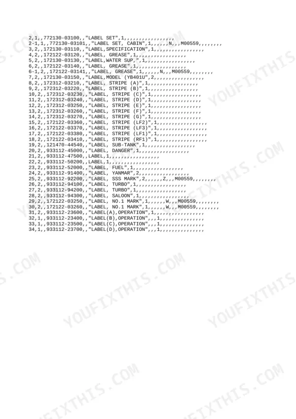 Yanmar YB401(-2), YB401-2, YB401, YB401(-2)-UC, YB401(-2)-UZP parts list showing decal and label set part numbers.