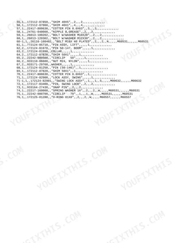 Yanmar YB451, YB501 parts list showing shims, pins, bolts, swing lock assembly, and circlips for crawler backhoe components.