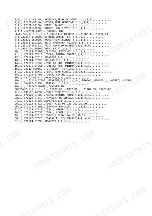 Yanmar YB451, YB501 parts list for revolve gear housing, pinion, and turning motor components with part numbers.