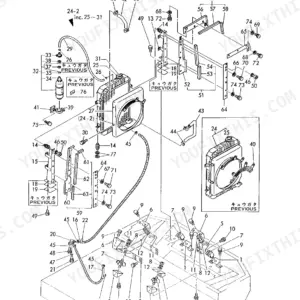 Yanmar YB451, YB501, YB451-2, YB501-2 crawler backhoe exploded view of engine mount and radiator assembly components.