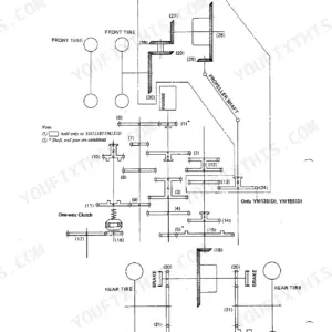 Yanmar YM135(D), YM155(D) power transmission structural diagram showing engine, propeller shaft, one-way clutch, and brakes.