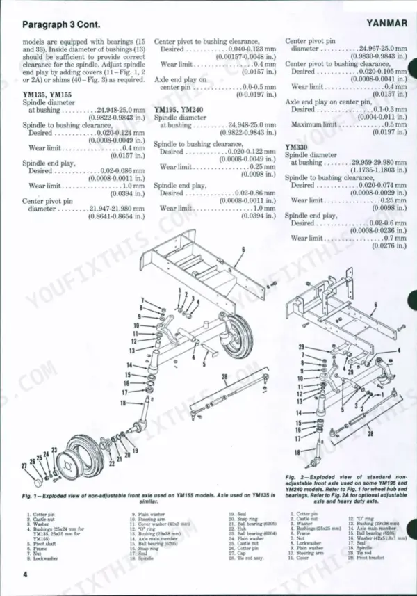Yanmar YM135, YM135D, YM155, YM155D, YM195, YM195D, YM240, YM240D, YM330, YM330D front axle clearance specs and exploded view diagrams.