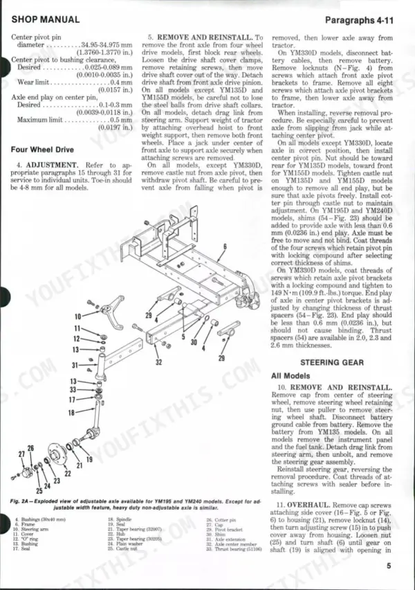 Yanmar YM135, YM135D, YM155, YM155D, YM195, YM195D, YM240, YM240D, YM330, YM330D front axle removal, adjustment, and steering gear procedures.