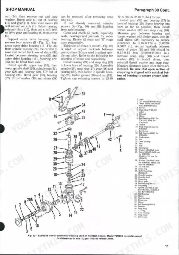 Yanmar YM135, YM135D, YM155, YM155D, YM195, YM195D, YM240, YM240D, YM330, YM330D exploded view of outer drive housing and axle.