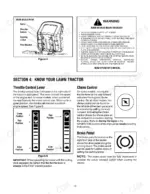 Yard Works 60-1827-4, 60-1832-0 seat adjustment diagram, safety warnings, throttle, choke, and brake pedal control guide.