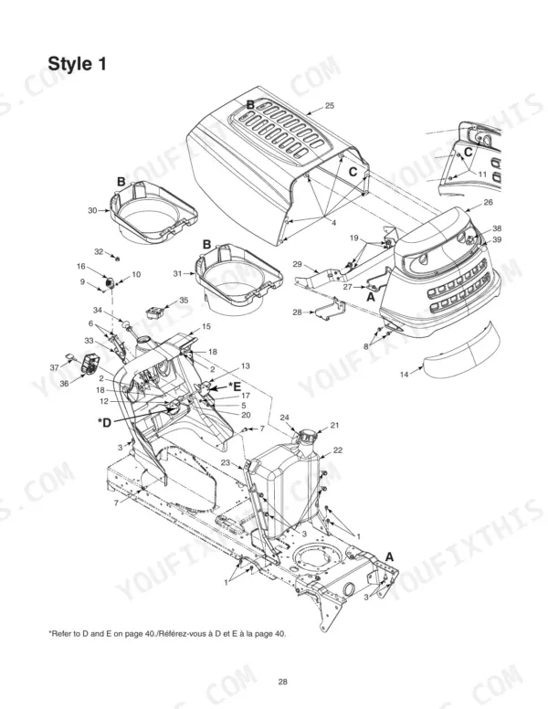 Yard Works 60-1827-4, 60-1832-0 exploded view of hood, fuel tank, and dashboard assembly components.