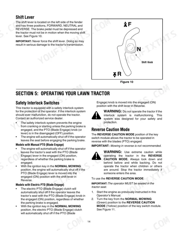 Yard Works 60-1827-4, 60-1832-0 shift lever diagram, safety interlock switches, and reverse caution mode instructions.