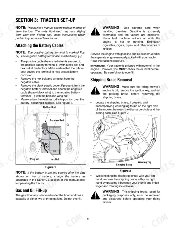 Yard Works 60-1827-4, 60-1832-0 tractor set-up procedures for battery cable installation and shipping brace removal.