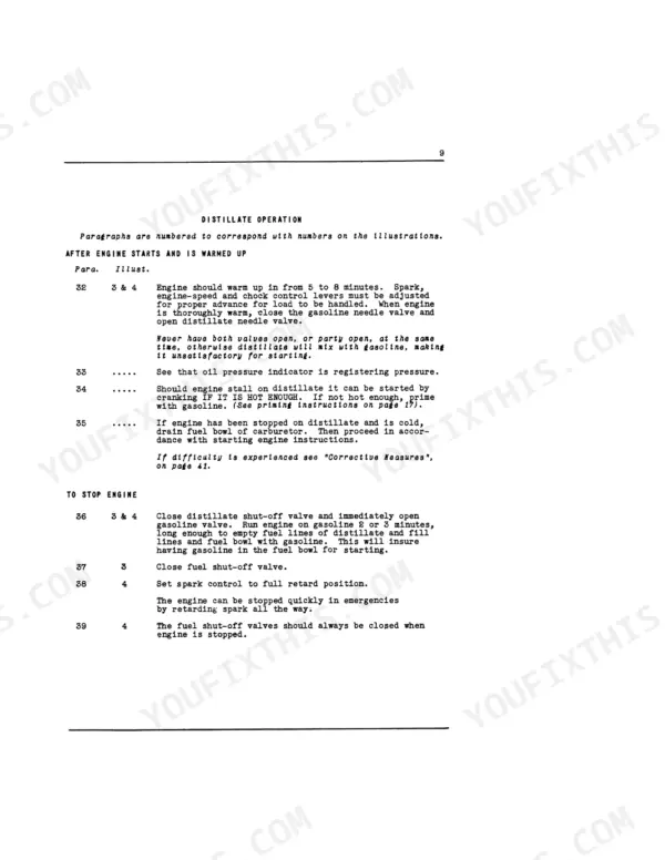 McCormick-Deering F-30, Farmall Tractor F-30: Distillate operation, engine warming, and stopping procedures manual page.