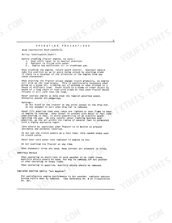 McCormick-Deering Farmall Tractor F-30 operating precautions, engine starting, fuel safety, manifold shield, and radiator baffle instructions.