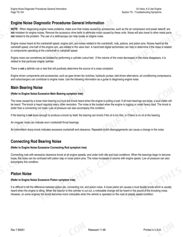 Cummins 24 Valve, 8.3 Liter Engine troubleshooting guide for main bearing, connecting rod, and piston noise symptoms.