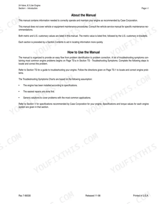 Cummins 24 Valve, 8.3 Liter Engine introduction page explaining manual organization, troubleshooting, and specifications.