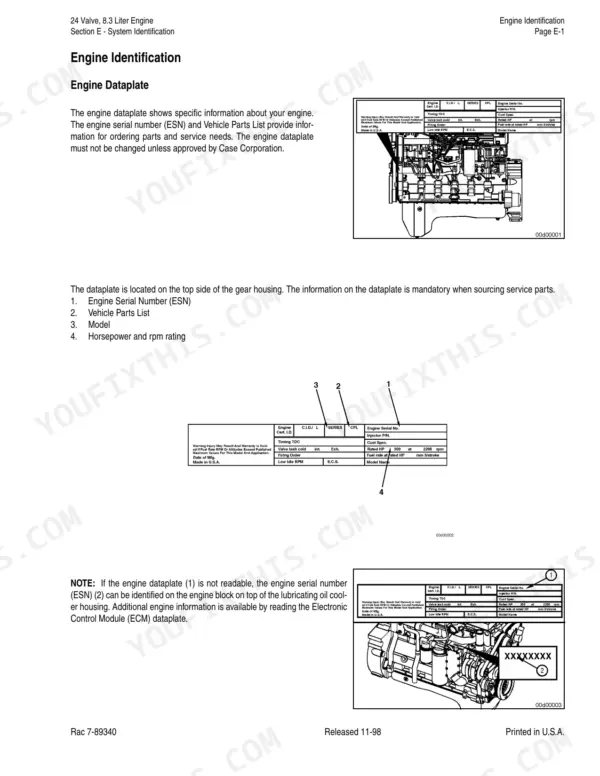 7de59553-b2-procedures-13 Cummins 24 Valve, 8.3 Liter Engine identification page showing engine dataplate location diagrams and serial number details.