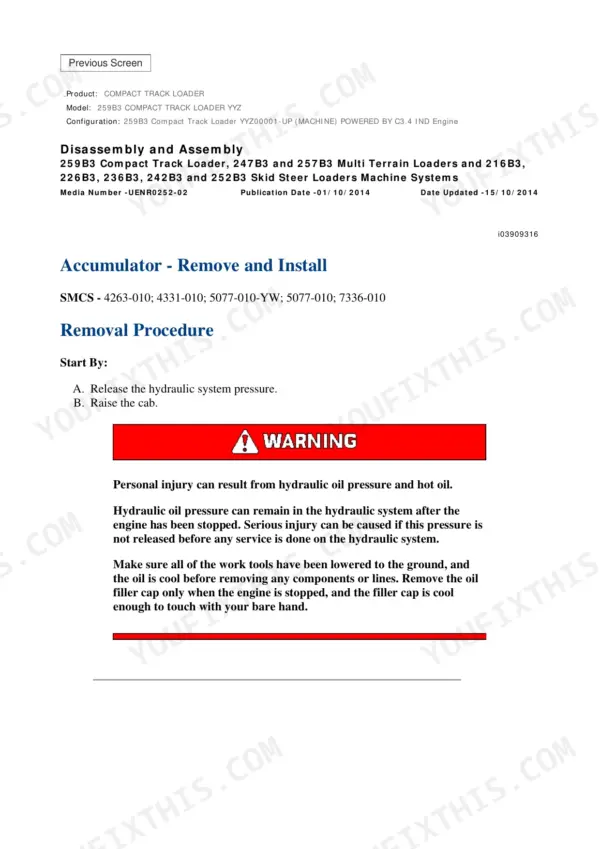 Caterpillar 259B3 repair manual - Previous Screen