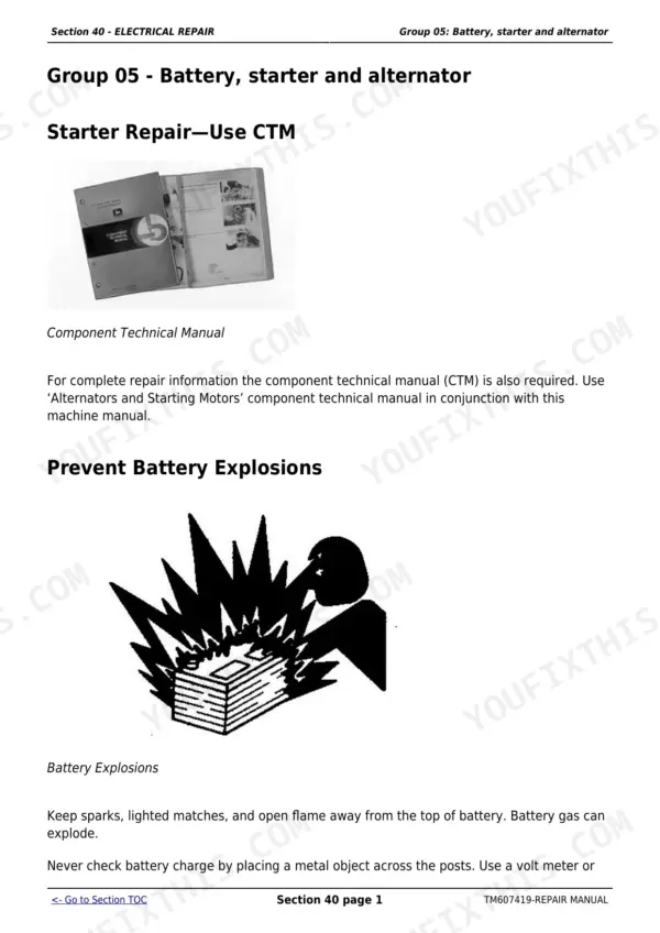 John Deere 5076E-5090EH repair manual, page 228 - Section 40 Electrical Repair: battery, starter and alternator service