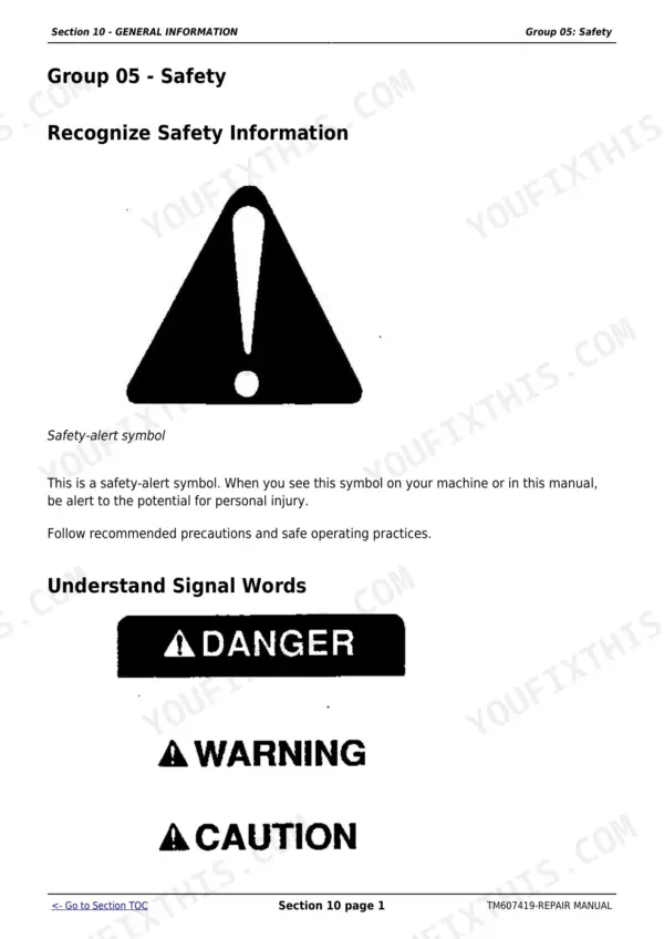 John Deere 5076E-5090EH repair manual, page 9 - Section 10 General Information: safety-alert symbols and signal words