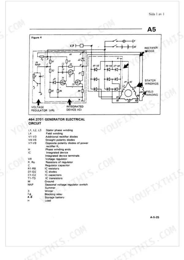 Belarus MTZ 50-80-90, MTZ 500-800-900 464.3701 generator electrical circuit diagram and component legend.
