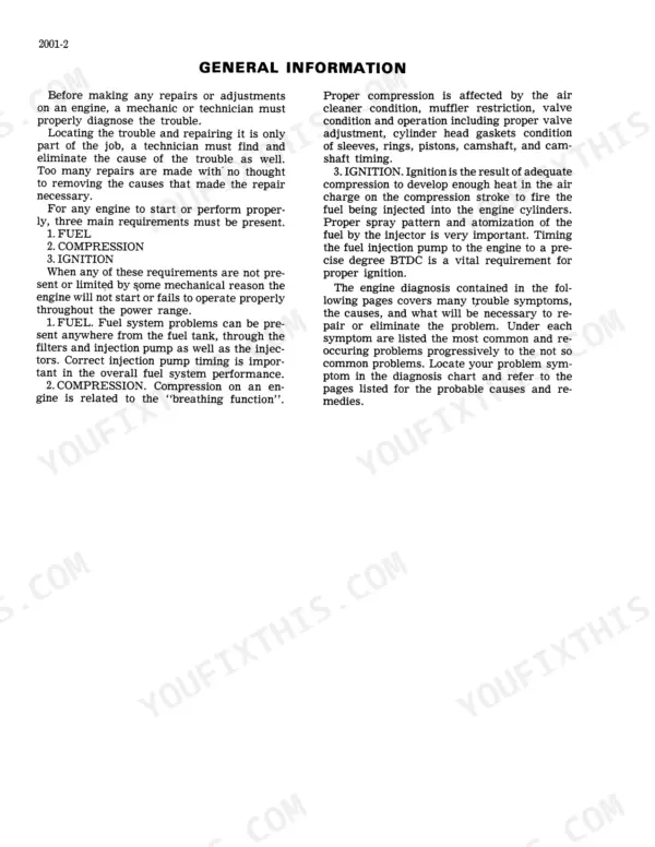 Case 1150 CRAWLER engine general information page covering fuel, compression, and ignition diagnosis requirements.
