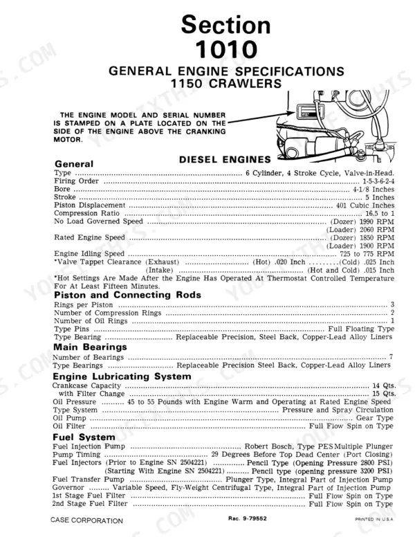 Case 1150 CRAWLER engine specifications table including bore, stroke, valve clearance, and lubrication system data.