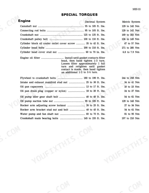 Case 1150 CRAWLER engine special torque specifications table for bolts, nuts, and oil filter installation procedures.