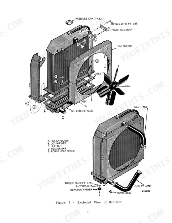 Case 1150 CRAWLER exploded view of radiator, fan shroud, oil cooler tank, and cooling system hoses with torque specifications.
