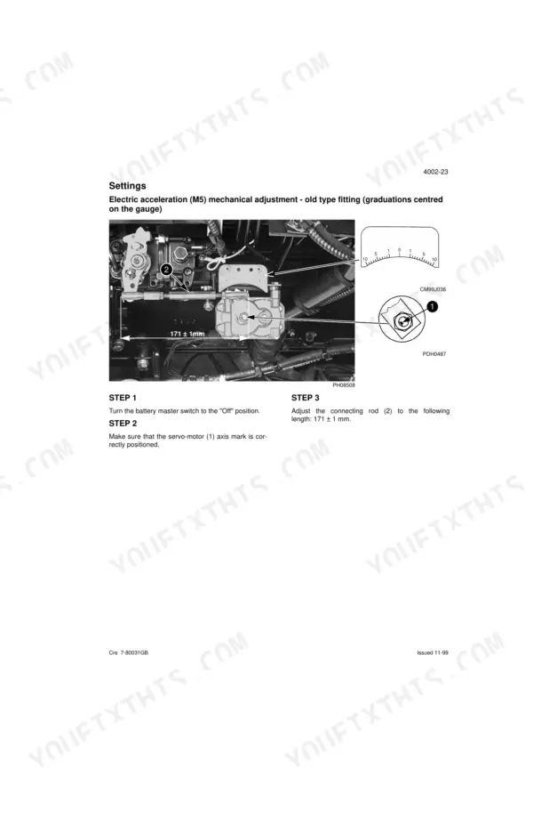 Case 1188, 1188 Plus Crawler Excavators electric acceleration M5 mechanical adjustment procedure and rod length settings.