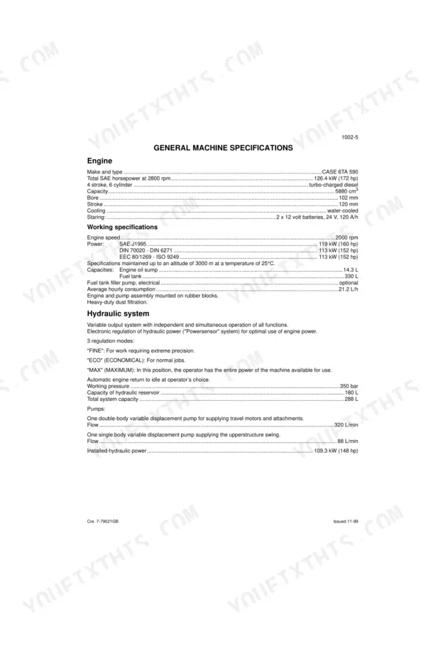 Case 1188, 1188 Plus Crawler Excavators engine and hydraulic system general machine specifications table.