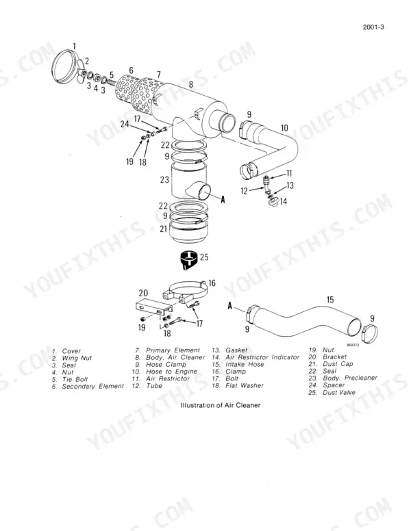 Case 125B exploded view diagram of air cleaner assembly, including primary element, precleaner body, and air restrictor.