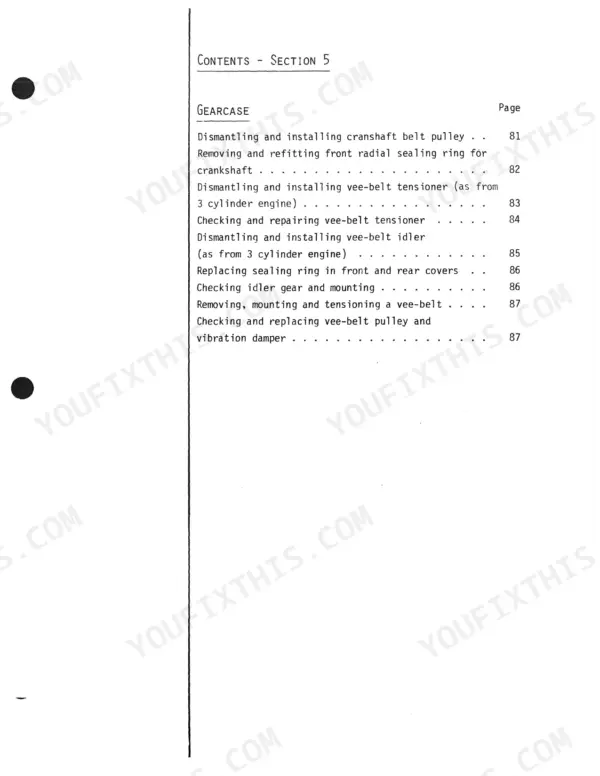 Case 125B service manual Section 5 Gearcase contents page listing crankshaft, vee-belt, and idler gear procedures.
