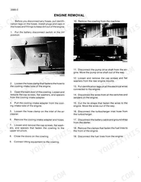 Case 125B service manual page detailing engine removal procedures, including cowling and cooling intake adapter steps.